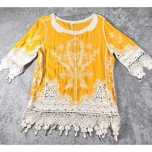 Boho Crochet Lace Embroidered Tunic Womens M Yellow Hippie